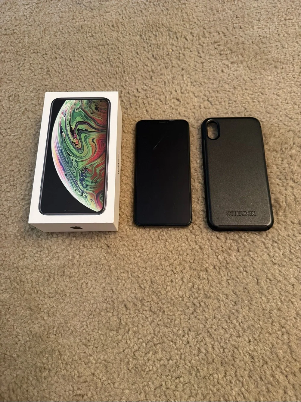Apple iPhone XS Max - Space Gray with Black OtterBox Case and Box
